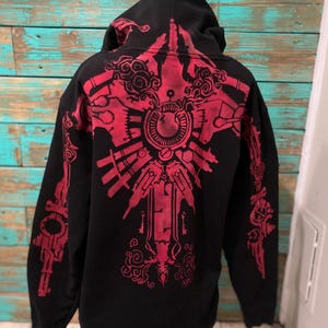 Vi Arcane Back Tattoo Zip Hoodie Vi Neck Gears Tattoo CaitVi Reverse Tie Dye (Bleached & Dyed) Hooded Sweatshirt  Red Pink