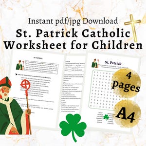 May include: A printable St. Patrick's Day worksheet for children. The worksheet features a word search, a fill-in-the-blank activity, and a coloring page. The worksheet is designed for A4 paper and includes 4 pages.