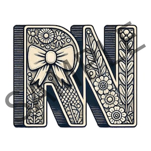 May include: A decorative illustration of the letters "RN" in a black and white floral pattern. The "R" has a large white bow in the center.