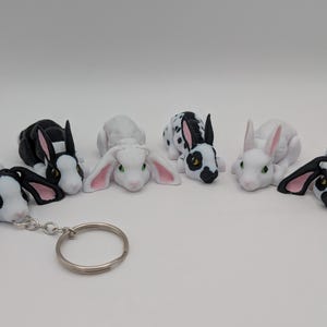 May include: Five black and white rabbit figurines with pink ears and green eyes. The rabbits are lying down with their heads facing forward. A silver key chain is included.