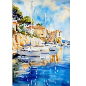 Boats in the Harbor – Wall Print. Poster with boats. Watercolor style.