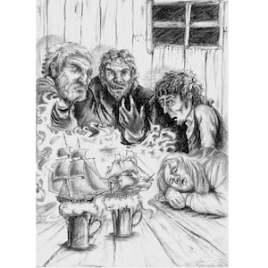 Sailors ‘Tavern Tales – Künstlerisches Poster, Bleistiftzeichnung, nautisches Wandbild