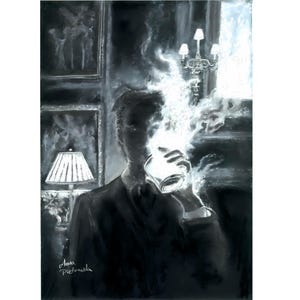 Mysterious Devil – Artistic Poster, Man in Shadows with Smoking Glass