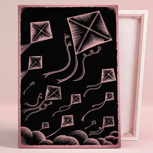 Pôster de arte de pipas dançantes no crepúsculo ou arte de parede em tela, quarto infantil moderno, elementos de design caprichosos, impressão, série de arte rosa, decoração de berçário