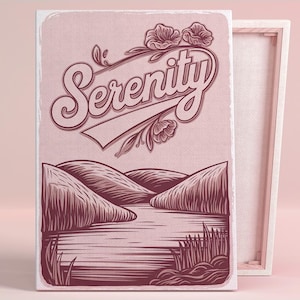 Póster o lienzo con vista al lago Serenity, arte de pared rústico para sala de estar, impresión tipográfica vintage de naturaleza, serie de arte de pared rosa, decoración de dormitorio