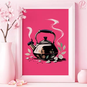 Póster o lienzo de arte de pared con elegante tetera y elementos florales modernos para comedor zen asiático, decoración de cocina, arte de pared rosa
