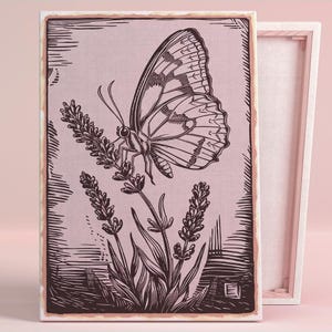 Póster de arte de serenidad de jardín de mariposas o lienzo para pared para sala de estar de estilo rústico, impresión floral vintage de naturaleza, serie de arte rosa, decoración de dormitorio