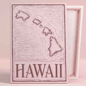Affiche d'art carte des îles Hawaï ou oeuvre d'art murale en toile pour salon côtier Gravure sur bois minimaliste série d'art mural rose décoration de bureau moderne