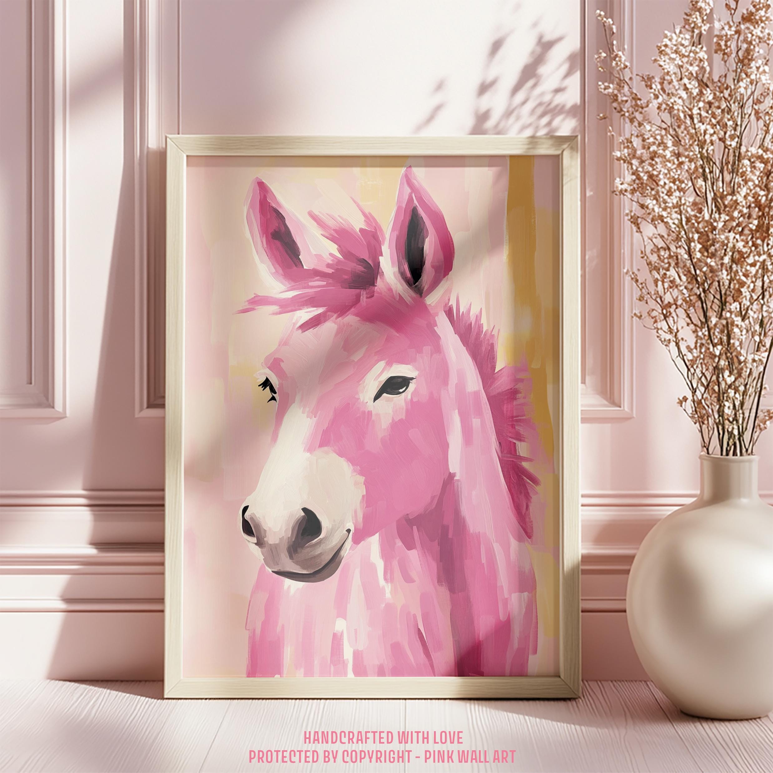 Pink Denkat Dreamy Pink Donkey Portrait Art Poster or Canvas Wall Art for Modern ...