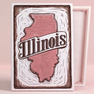 Affiche d'art de la fierté de l'État de l'Illinois ou oeuvre d'art murale en toile pour salon moderne typographie contemporaine vintage rose série d'art déco de bureau
