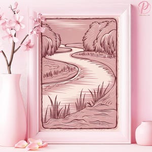 Póster artístico o lienzo de vientos serenos del río para sala de estar zen asiática, impresión de naturaleza contemporánea, serie de arte de pared rosa, decoración de oficina moderna