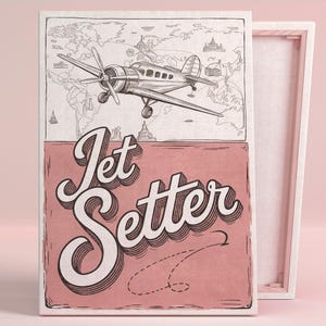 Affiche d'art de l'aventure Jet Setter ou oeuvre d'art murale en toile moderne Mid-Century, salon, typographie rétro, voyage, série d'art mural rose, décoration de bureau