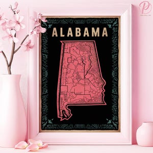 Affiche d'art de carte de l'état de l'Alabama ou oeuvre d'art murale en toile pour salon moderne impression géographie contemporaine vintage rose série d'art déco de bureau
