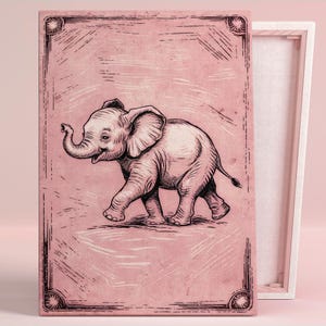 Süßes Baby Elephant Reise Kunst Poster oder Leinwand Wandkunst für Boho Kinderzimmer Vintage Hand gezeichnete Illustration Rosa Kunst Kinderzimmer Dekor