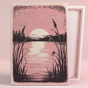 Lakeside Sunset Serenity Art Poster oder Leinwand Wandkunst für rustikales Wohnzimmer Vintage Natur Rosa Wandkunst Serie Zeitgenössisches Büro Dekor