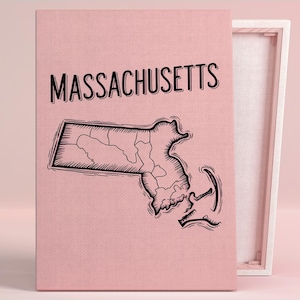 Affiche d'art de carte de l'état du Massachusetts ou oeuvre d'art sur toile pour salon moderne design graphique Pop Art vintage impression série d'art rose décoration d'entrée