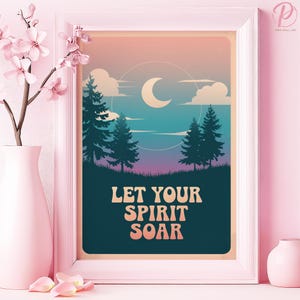 Let Your Spirit Soar Kunst Poster oder Leinwand Wandkunst Boho Schlafzimmer Retro Natur Mondlicht Wald Druck Rosa Wandkunst Rustikales Wohnzimmer Dekor