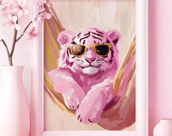 Cool Tiger Vibes Art Poster or Canvas Wall Art for Modern Living Room Contemporary Pop Art Style Pink Gold Decor Minimalist Art