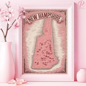 Affiche d'art de carte de la chaîne de montagnes du New Hampshire ou oeuvre d'art murale en toile pour salon rustique vintage Nature esthétique rose Art déco de bureau de campagne