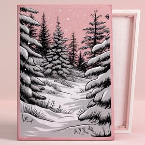 Winter Wald Gelassenheit Kunst Poster oder Leinwand Wandkunst für moderne Wohnzimmer Minimalist Natur Illustration Pink Art Series Schlafzimmer Dekor