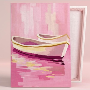 Friedliche Hafenreflexionen Kunstposter oder Leinwand Wandkunst für Küsten Wohnzimmer Minimalistische Rosa Boot Rosa Wandkunst Modernes Badezimmer Dekor