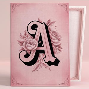 Elegante póster artístico con monograma de letra A y rosa o lienzo para dormitorio con estilo shabby chic, tipografía floral victoriana, arte de pared rosa, decoración para sala de estar