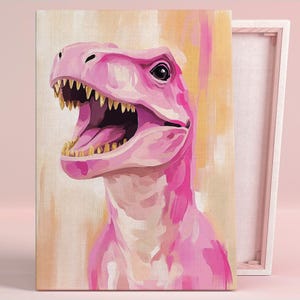 May include: A pink dinosaur head with an open mouth and sharp teeth, painted on a canvas with a yellow and pink background.