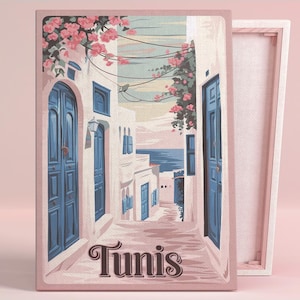 Póster de arte o lienzo de Túnez Mediterranean Dreams para pared para sala de estar bohemia, arquitectura costera vintage, serie de arte rosa, decoración de dormitorio