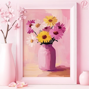 Póster o lienzo con diseño de ramo de margaritas de primavera, arte de pared con estilo shabby chic, arte de pared contemporáneo con flores rosas, decoración moderna para comedor