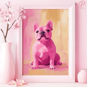 Poster d'art portrait de bouledogue français rose ou toile d'art mural pour salon moderne géométrique contemporain chien série d'art mural rose pour chambre à coucher