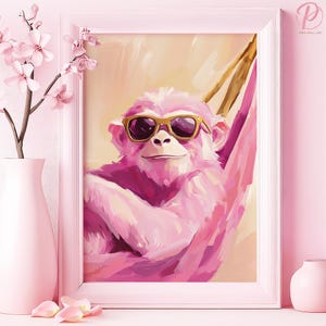 Cool Monkey Vibes Art Poster or Canvas Wall Art Modern Living Room Pop Art Contemporary Fashionable Design Pink Wall Art Glam Bedroom Decor