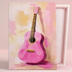 Affiche d'art mélodie guitare rose ou oeuvre d'art murale en toile salon moderne design musical contemporain fantaisiste série d'art rose décoration de chambre de filles