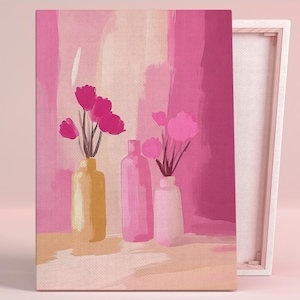 Póster artístico o lienzo con flores luminosas en jarrones pastel, arte de pared, sala de estar moderna, naturaleza muerta floral minimalista, arte de pared rosa, decoración de dormitorio