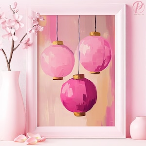 Poster artistico o tela con lanterne di carta galleggianti, arte murale, soggiorno moderno, design minimalista contemporaneo, serie artistica rosa, decorazione per camera da letto