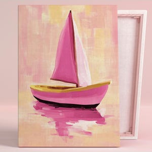 Sunset Sailing Dreams Art Poster oder Leinwand Wandkunst Küsten Wohnzimmer Zeitgenössisch Minimalist Nautical Pink Wall Art Series Schlafzimmer Dekor