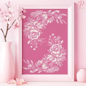Elegant Rose Botanical Study Art Poster or Canvas Wall Art Shabby Chic Bedroom Vintage Floral Line Art Pink Wall Art French Country Decor