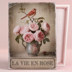 Póster o lienzo artístico de La Vie En Rose, arte de pared, sala de estar de estilo rústico francés, estampado floral vintage, serie de arte de pared rosa, decoración de dormitorio estilo shabby chic