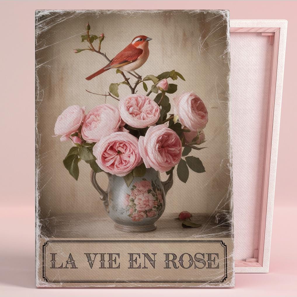 La Vie En Rose Art Poster or Canvas Wall Art French Country Living Room Vintage Floral Print Pink Wall Art Series Shabby Chic Bedroom Decor