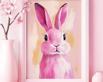 May include: A pink bunny rabbit with long ears and a white nose is painted in a cartoon style against a yellow background.