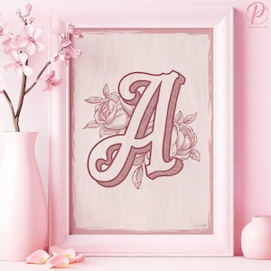 Elegante póster artístico con letra A y rosas o lienzo para pared para dormitorio estilo shabby chic, serie de arte con tipografía floral vintage en rosa, decoración de guardería
