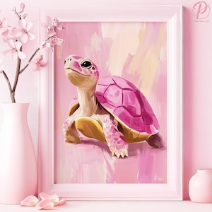 Whimsical Pink Turtle Dreams Art Poster or Canvas Wall Art for Modern Children&#39;s Room Contemporary Character Pink Art Series Nursery Decor