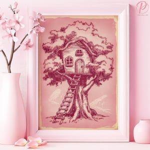 May include: A pink and white illustration of a treehouse with a ladder leading up to the front door. The treehouse is surrounded by a pink background.