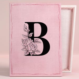 Póster de arte elegante con letra B floral o lienzo para pared para dormitorio moderno, serie de arte floral rosa con tipografía contemporánea, decoración para sala de estar