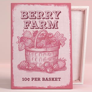 Plakat lub płótno Berry Farm Harvest Art do kuchni w stylu rustykalnym, typografia retro, martwa natura, seria różowych dzieł sztuki, wystrój jadalni