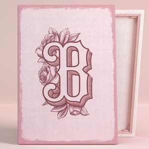 Elegante póster artístico con monograma floral con la letra B o lienzo para pared para dormitorio con estilo shabby chic, diseño Art Nouveau vintage, decoración de sala de estar con arte rosa