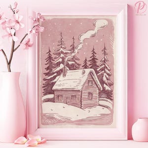 Verschneite Hütte Serenity Kunst Poster oder Leinwand Wandkunst für Rustikales Wohnzimmer Vintage Winter Wunderland Illustration Rosa Kunst Schlafzimmer Dekor