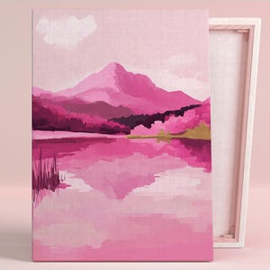Serene Pink Bergsee Kunst Poster oder Leinwand Wandkunst Moderne Wohnzimmer Zeitgenössische Minimalismus Natur Rosa Wandkunst Serie Schlafzimmer Dekor