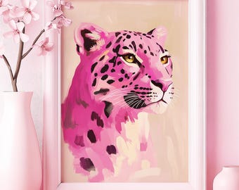 Pink Leopard Majesty Art Poster or Canvas Wall Art for Modern Living Room Glam Pop Art Animal Print Pink Art Series Bedroom Decor Home Decor