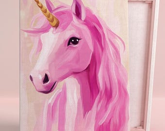 Magical Pink Unicorn Dream Art Poster or Canvas Wall Art Fantasy Children&#39;s Room Contemporary Whimsical Animal Pink Wall Art Nursery Decor