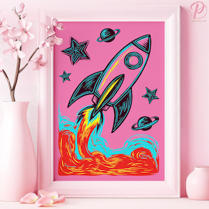 Retro Space Rocket Adventure Art Poster or Canvas Wall Art Modern Children&#39;s Room Pop Art Mid-Century Modern Design Pink Art Game Room Decor